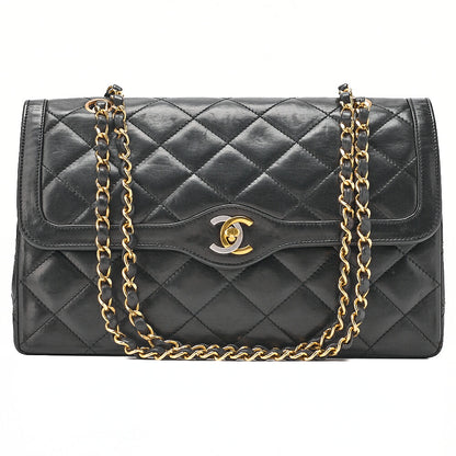 CHANEL Lambskin Matelasse 27cm Paris Limited Double Flap Shoulder Bag Black Gold-Tone Hardware, Pre-Owned