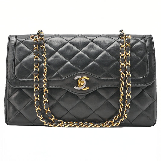 CHANEL Lambskin Matelasse 27cm Paris Limited Double Flap Shoulder Bag Black Gold-Tone Hardware, Pre-Owned
