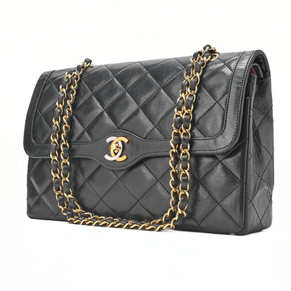 CHANEL Lambskin Matelasse 27cm Paris Limited Double Flap Shoulder Bag Black Gold-Tone Hardware, Pre-Owned
