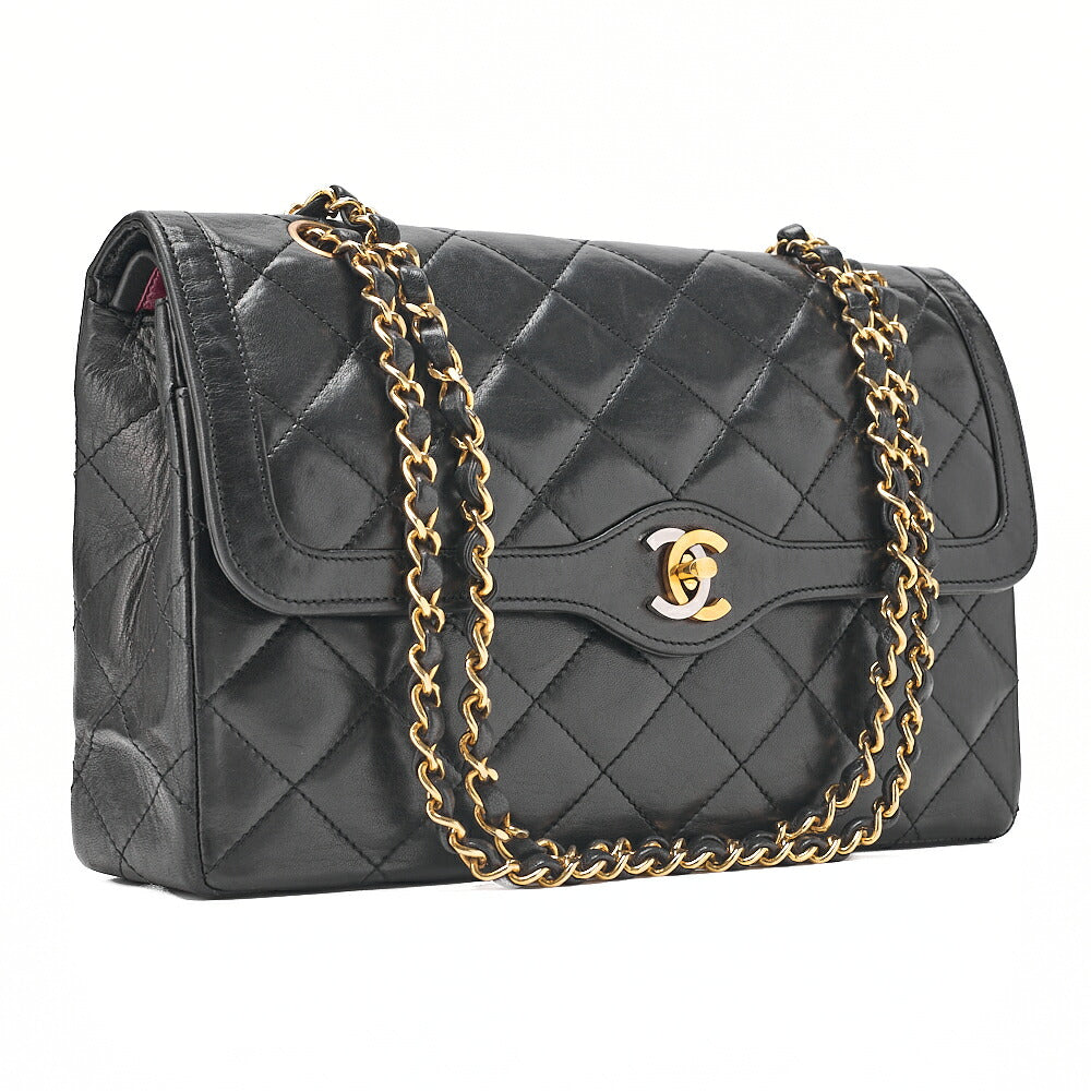 CHANEL Lambskin Matelasse 27cm Paris Limited Double Flap Shoulder Bag Black Gold-Tone Hardware, Pre-Owned