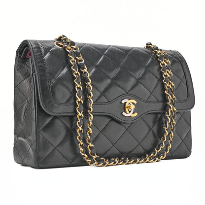 CHANEL Lambskin Matelasse 27cm Paris Limited Double Flap Shoulder Bag Black Gold-Tone Hardware, Pre-Owned