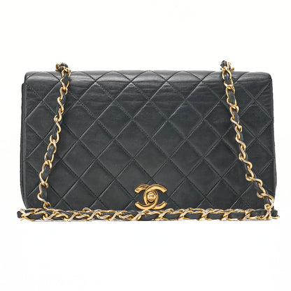 CHANEL Lambskin Matelasse Full Flap Turn Lock Chain Shoulder Black Gold-Tone Hardware, Pre-Owned
