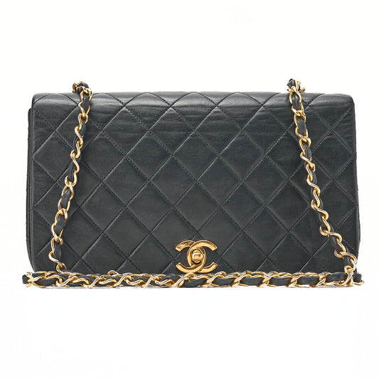CHANEL Lambskin Matelasse Full Flap Turn Lock Chain Shoulder Black Gold-Tone Hardware, Pre-Owned