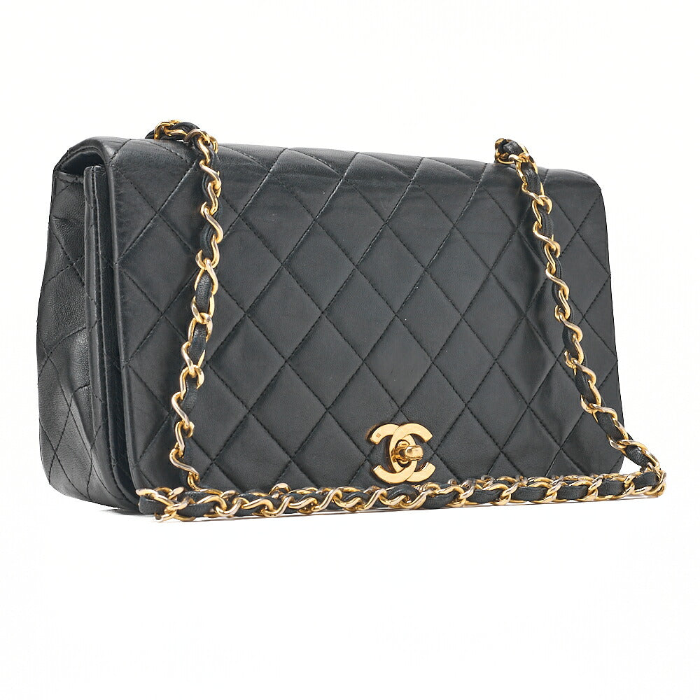 CHANEL Lambskin Matelasse Full Flap Turn Lock Chain Shoulder Black Gold-Tone Hardware, Pre-Owned