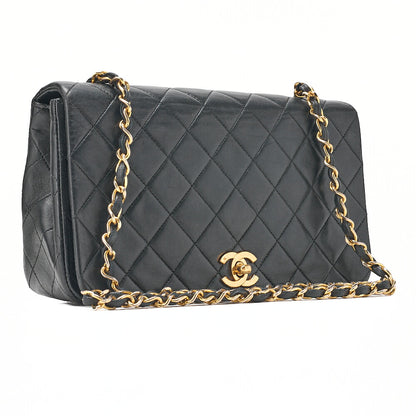CHANEL Lambskin Matelasse Full Flap Turn Lock Chain Shoulder Black Gold-Tone Hardware, Pre-Owned