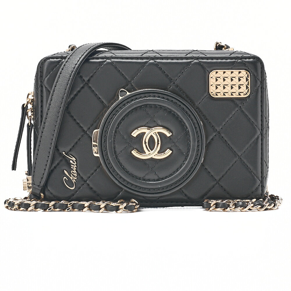 CHANEL Chain Shoulder Bag Matelasse Camera Bag Lambskin Black Gold-Tone Hardware, Pre-Owned