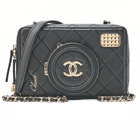 CHANEL Chain Shoulder Bag Matelasse Camera Bag Lambskin Black Gold-Tone Hardware, Pre-Owned