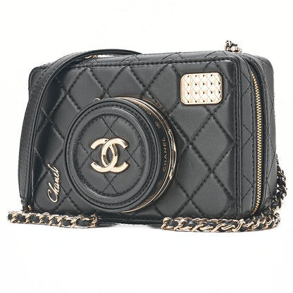 CHANEL Chain Shoulder Bag Matelasse Camera Bag Lambskin Black Gold-Tone Hardware, Pre-Owned