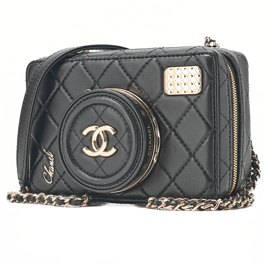 CHANEL Chain Shoulder Bag Matelasse Camera Bag Lambskin Black Gold-Tone Hardware, Pre-Owned