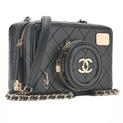 CHANEL Chain Shoulder Bag Matelasse Camera Bag Lambskin Black Gold-Tone Hardware, Pre-Owned