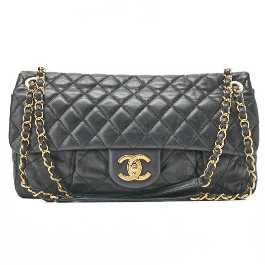 CHANEL Sparkle Leather Matelasse Single Chain Shoulder Black Gold-Tone Hardware, Pre-Owned