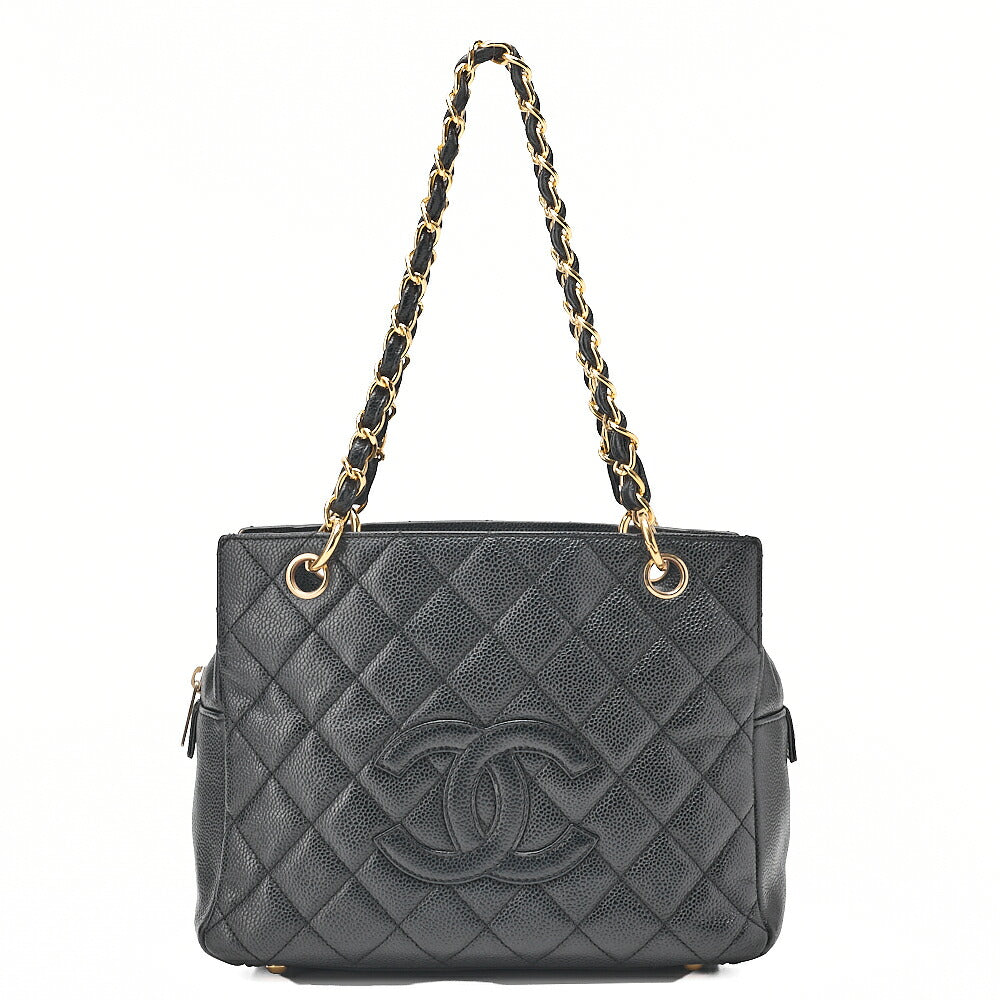 CHANEL Tote Bag Matelasse Caviar Skin Coco Mark PTT Double Chain Tote Black Gold-Tone Hardware, Pre-Owned