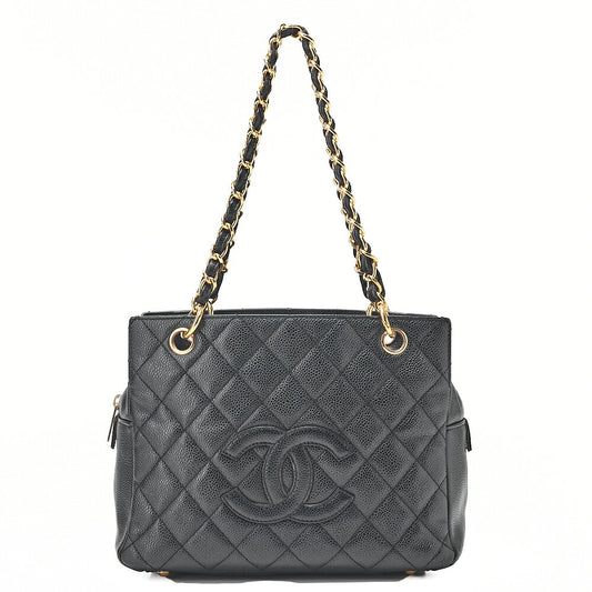 CHANEL Tote Bag Matelasse Caviar Skin Coco Mark PTT Double Chain Tote Black Gold-Tone Hardware, Pre-Owned