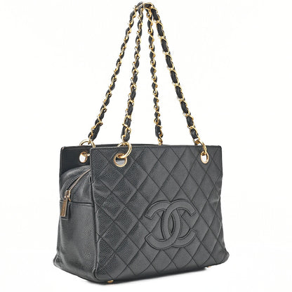 CHANEL Tote Bag Matelasse Caviar Skin Coco Mark PTT Double Chain Tote Black Gold-Tone Hardware, Pre-Owned