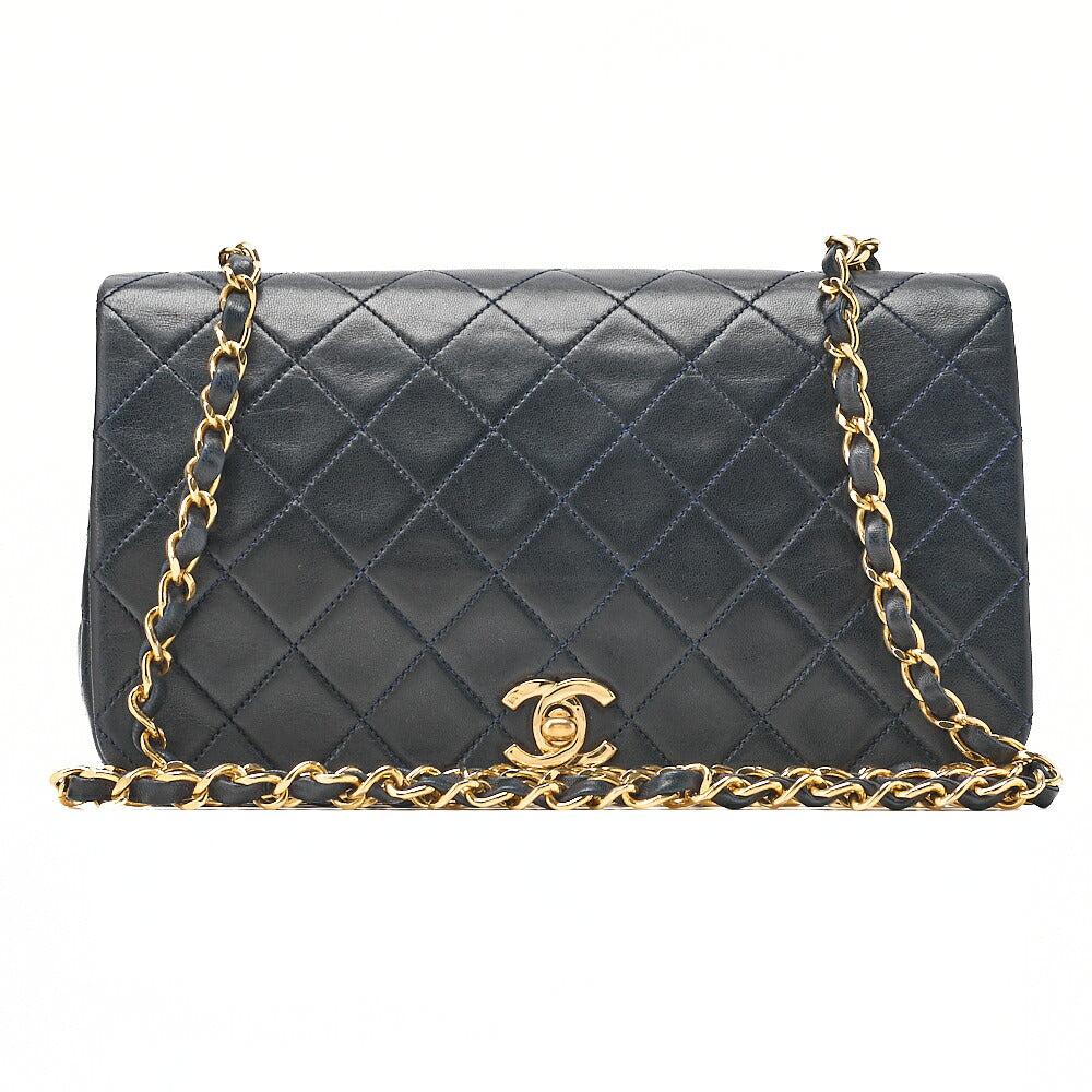 CHANEL Lambskin Matelasse Full Flap Turn Lock Chain Shoulder Navy Gold-Tone Hardware, Pre-Owned