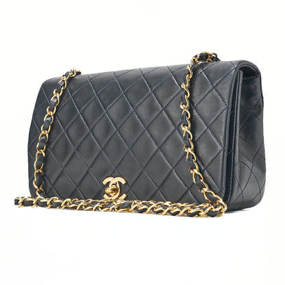 CHANEL Lambskin Matelasse Full Flap Turn Lock Chain Shoulder Navy Gold-Tone Hardware, Pre-Owned