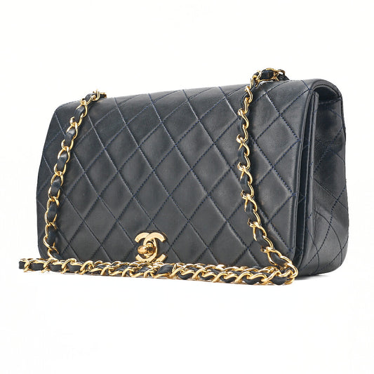 CHANEL Lambskin Matelasse Full Flap Turn Lock Chain Shoulder Navy Gold-Tone Hardware, Pre-Owned