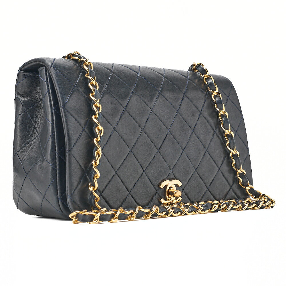 CHANEL Lambskin Matelasse Full Flap Turn Lock Chain Shoulder Navy Gold-Tone Hardware, Pre-Owned