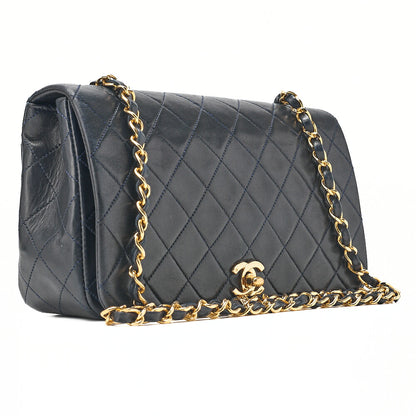 CHANEL Lambskin Matelasse Full Flap Turn Lock Chain Shoulder Navy Gold-Tone Hardware, Pre-Owned