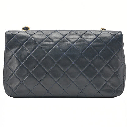 CHANEL Lambskin Matelasse Full Flap Turn Lock Chain Shoulder Navy Gold-Tone Hardware, Pre-Owned