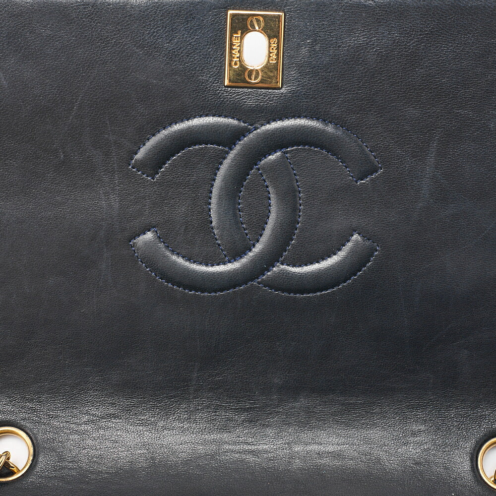 CHANEL Lambskin Matelasse Full Flap Turn Lock Chain Shoulder Navy Gold-Tone Hardware, Pre-Owned