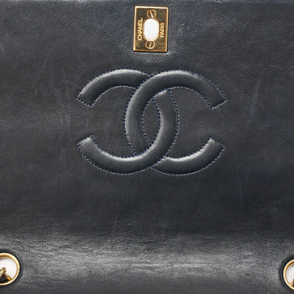 CHANEL Lambskin Matelasse Full Flap Turn Lock Chain Shoulder Navy Gold-Tone Hardware, Pre-Owned