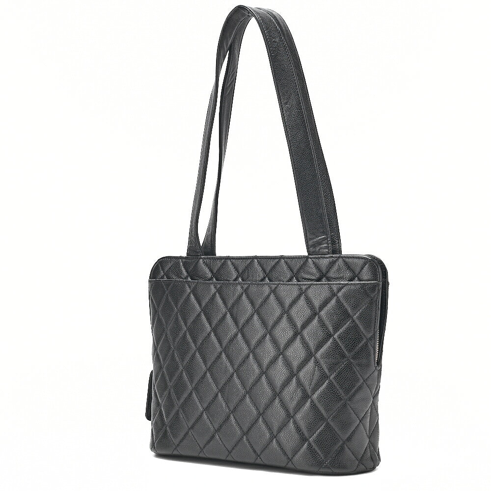 CHANEL Shoulder Bag Caviar Skin Matelasse Pull Charm Black Silver-Tone Hardware, Pre-Owned