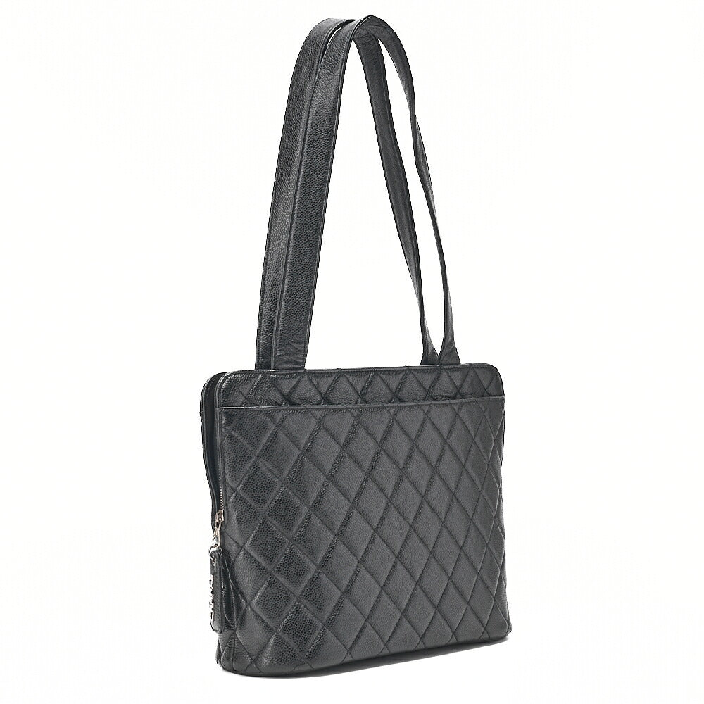 CHANEL Shoulder Bag Caviar Skin Matelasse Pull Charm Black Silver-Tone Hardware, Pre-Owned