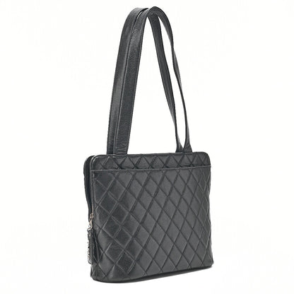CHANEL Shoulder Bag Caviar Skin Matelasse Pull Charm Black Silver-Tone Hardware, Pre-Owned