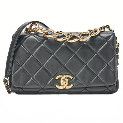 CHANEL Chain Shoulder Bag Matelasse 23cm Single Flap Lambskin Black Gold-Tone Hardware, Pre-Owned