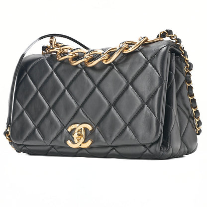 CHANEL Chain Shoulder Bag Matelasse 23cm Single Flap Lambskin Black Gold-Tone Hardware, Pre-Owned