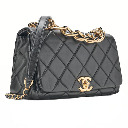 CHANEL Chain Shoulder Bag Matelasse 23cm Single Flap Lambskin Black Gold-Tone Hardware, Pre-Owned