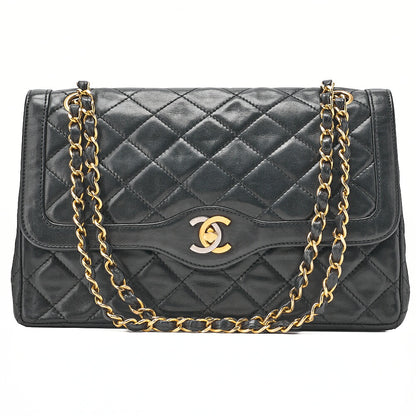 CHANEL Lambskin Matelasse 25cm Paris Limited Double Flap Shoulder Bag Black Gold-Tone Hardware, Pre-Owned