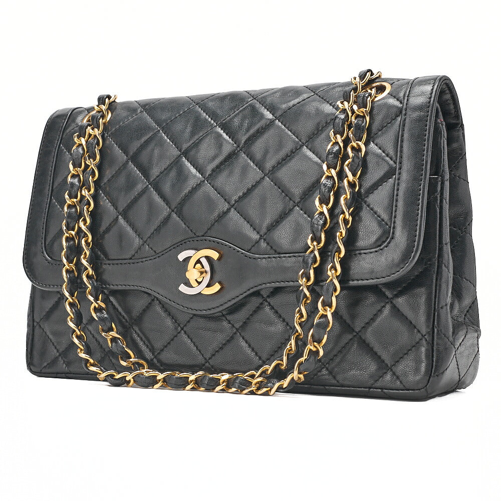 CHANEL Lambskin Matelasse 25cm Paris Limited Double Flap Shoulder Bag Black Gold-Tone Hardware, Pre-Owned