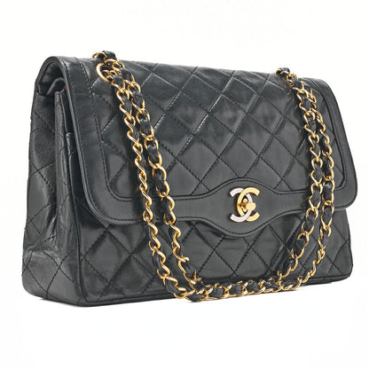 CHANEL Lambskin Matelasse 25cm Paris Limited Double Flap Shoulder Bag Black Gold-Tone Hardware, Pre-Owned