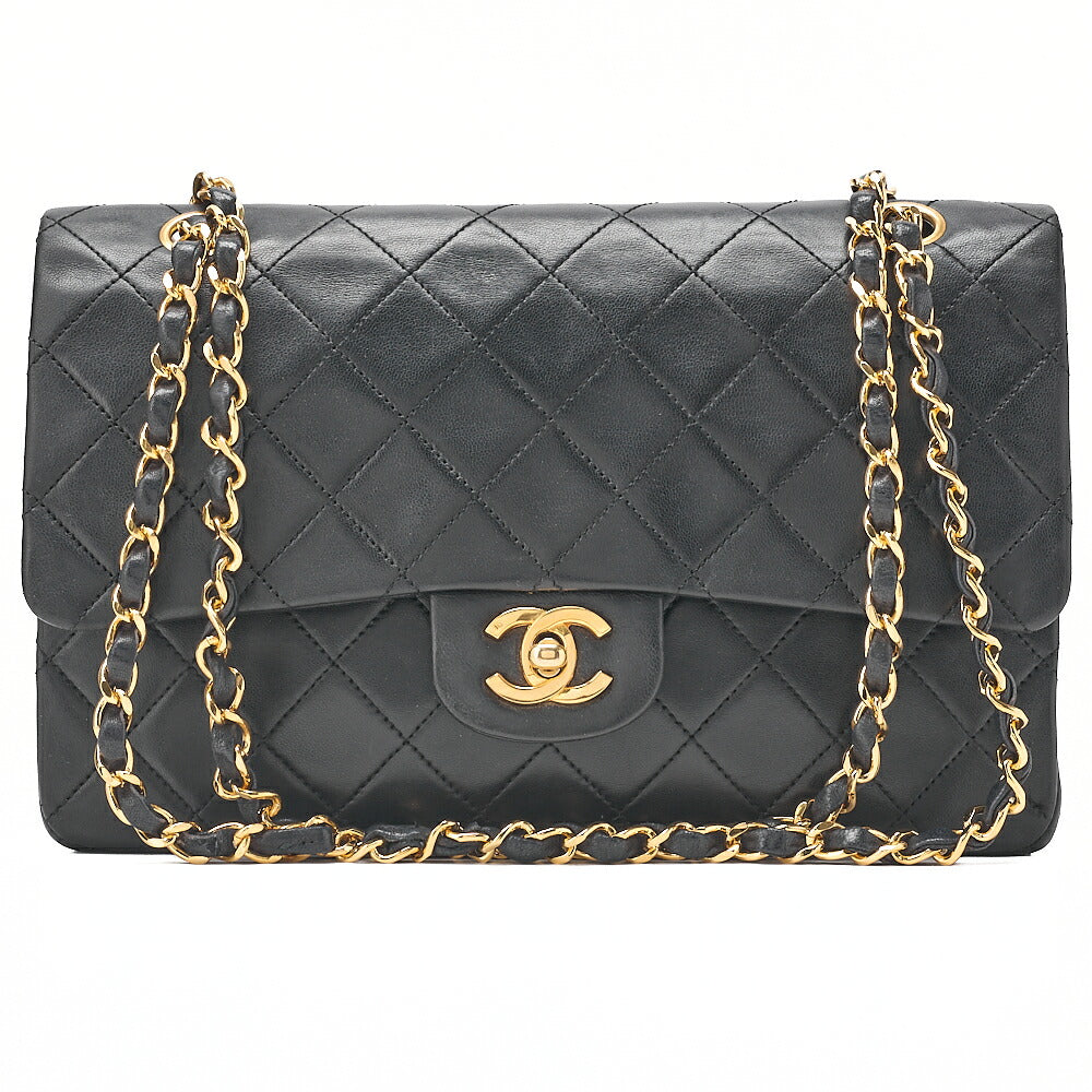 CHANEL Lambskin Matelasse 25cm Double Flap Chain Shoulder Black Gold-Tone Hardware, Pre-Owned
