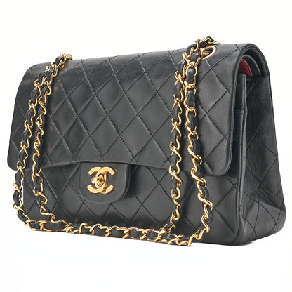 CHANEL Lambskin Matelasse 25cm Double Flap Chain Shoulder Black Gold-Tone Hardware, Pre-Owned