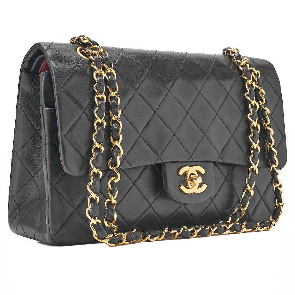 CHANEL Lambskin Matelasse 25cm Double Flap Chain Shoulder Black Gold-Tone Hardware, Pre-Owned