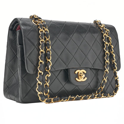CHANEL Lambskin Matelasse 25cm Double Flap Chain Shoulder Black Gold-Tone Hardware, Pre-Owned