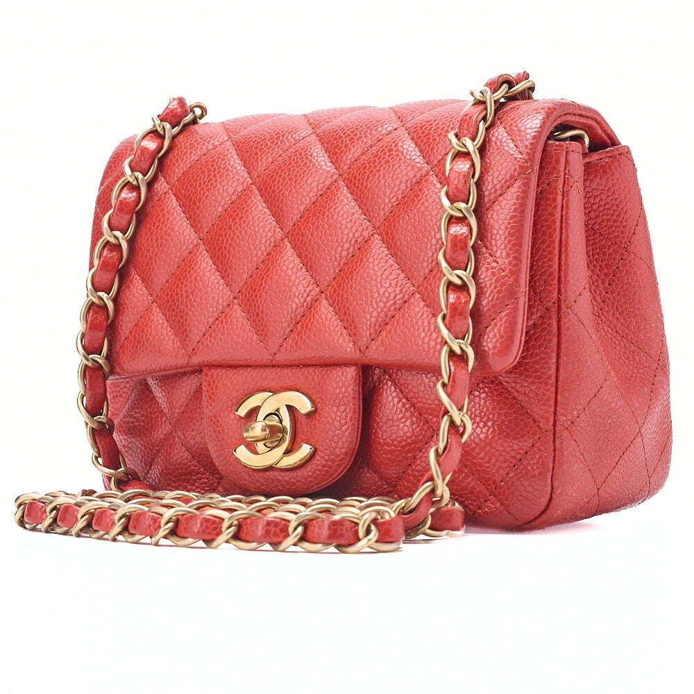 CHANEL Chain Shoulder Bag Minimat Telass? 17cm Caviar Skin Red Gold-Tone Hardware, Pre-Owned