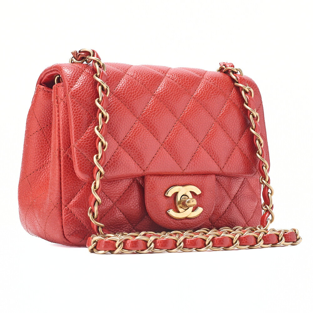 CHANEL Chain Shoulder Bag Minimat Telass? 17cm Caviar Skin Red Gold-Tone Hardware, Pre-Owned