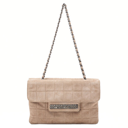 CHANEL Suede Chocolate Bar Rhinestone Chain Shoulder Beige Silver-Tone Hardware, Pre-Owned