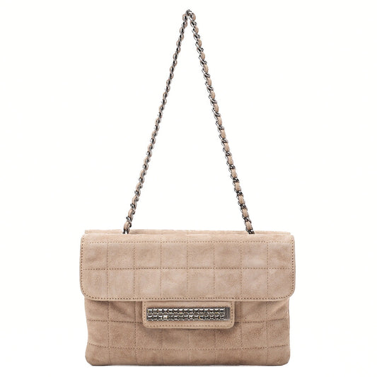 CHANEL Suede Chocolate Bar Rhinestone Chain Shoulder Beige Silver-Tone Hardware, Pre-Owned