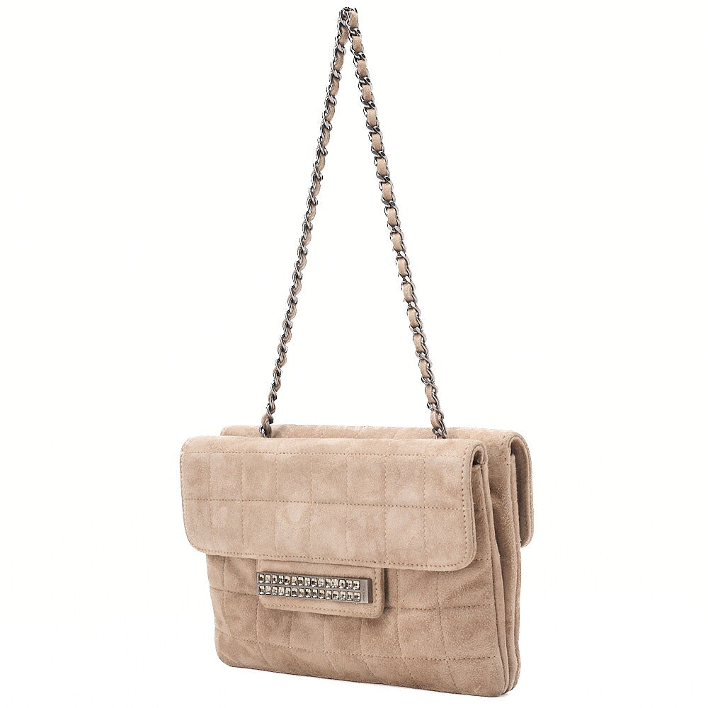 CHANEL Suede Chocolate Bar Rhinestone Chain Shoulder Beige Silver-Tone Hardware, Pre-Owned