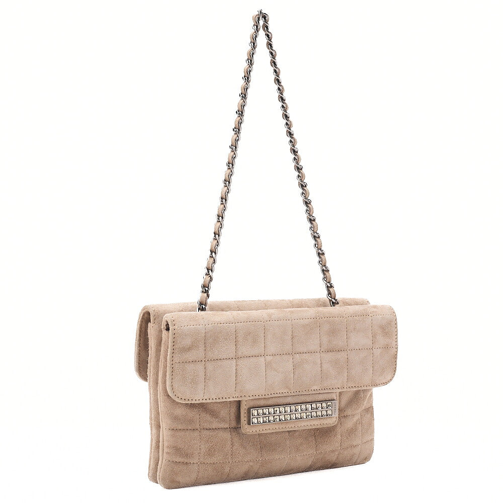 CHANEL Suede Chocolate Bar Rhinestone Chain Shoulder Beige Silver-Tone Hardware, Pre-Owned