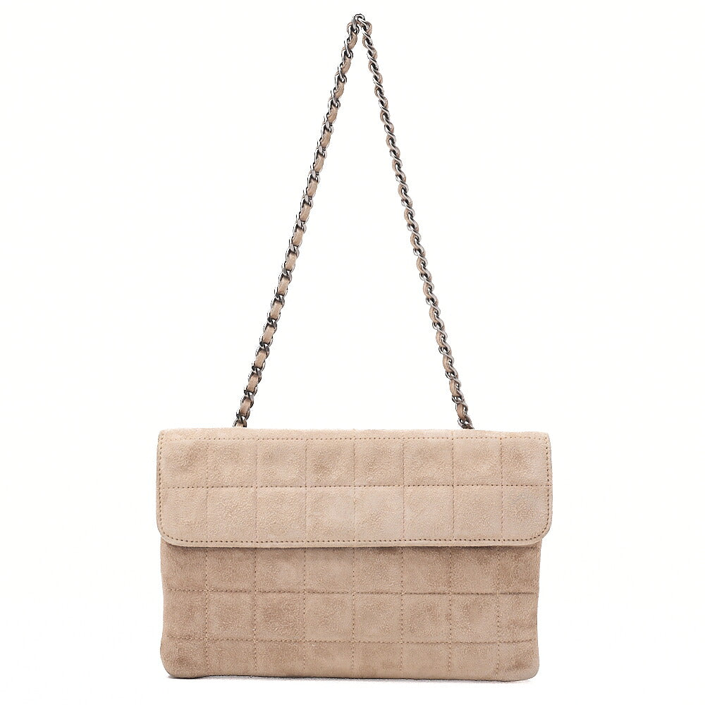 CHANEL Suede Chocolate Bar Rhinestone Chain Shoulder Beige Silver-Tone Hardware, Pre-Owned