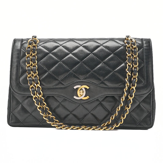 CHANEL Lambskin Matelasse 26cm Paris Limited Double Flap Shoulder Bag Black Gold-Tone Hardware, Pre-Owned
