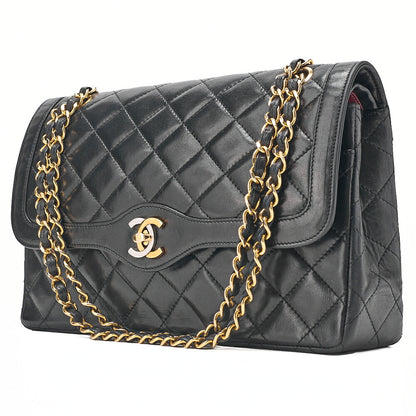 CHANEL Lambskin Matelasse 26cm Paris Limited Double Flap Shoulder Bag Black Gold-Tone Hardware, Pre-Owned