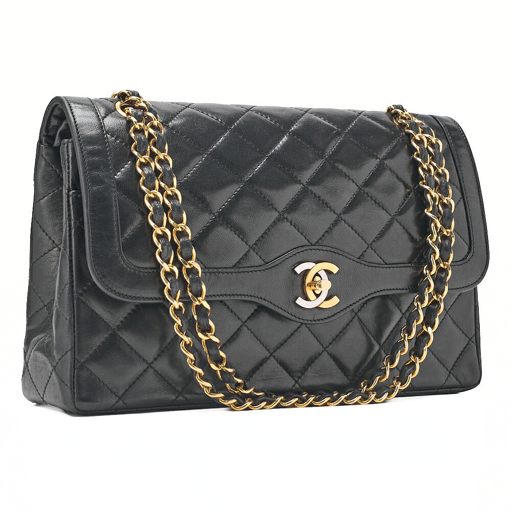 CHANEL Lambskin Matelasse 26cm Paris Limited Double Flap Shoulder Bag Black Gold-Tone Hardware, Pre-Owned