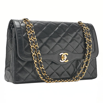 CHANEL Lambskin Matelasse 26cm Paris Limited Double Flap Shoulder Bag Black Gold-Tone Hardware, Pre-Owned
